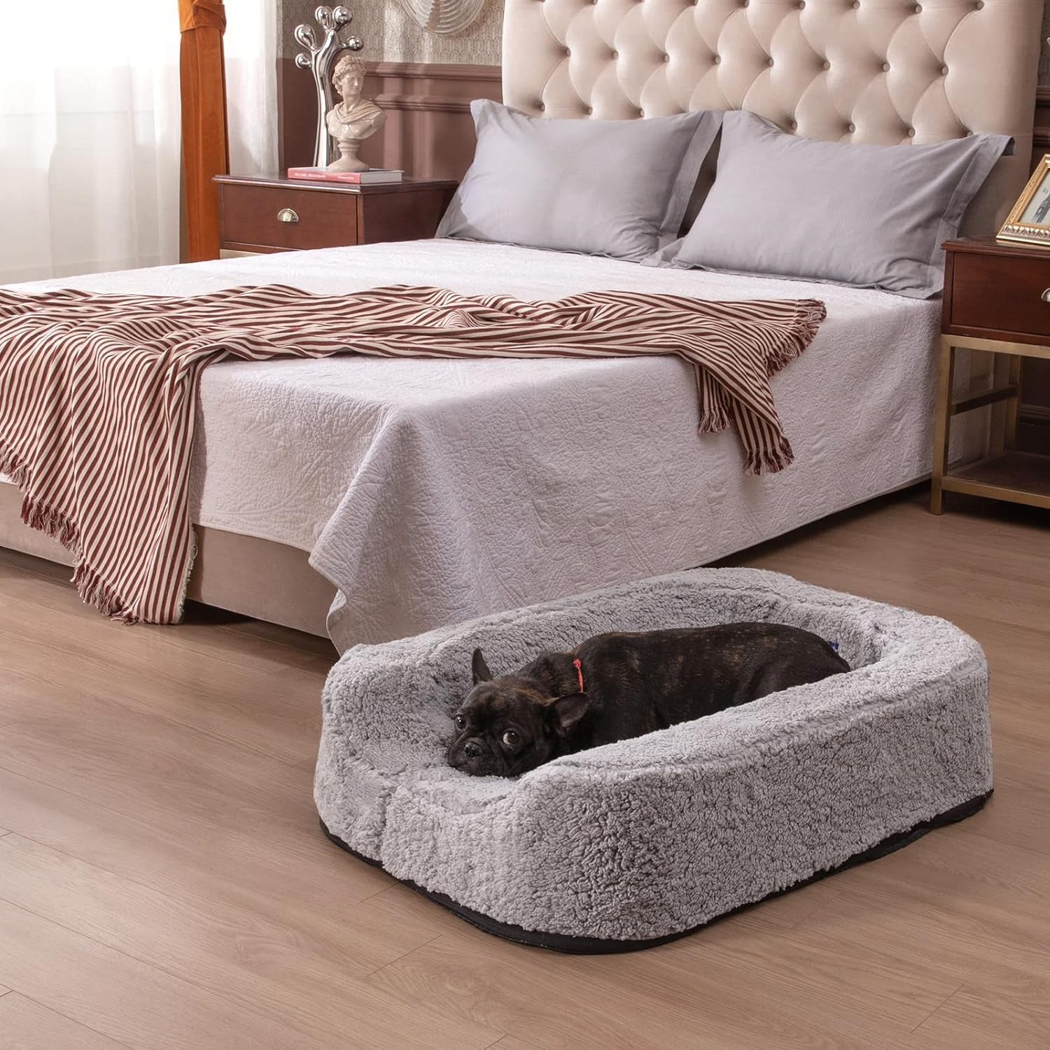 Size Adjustable Dog Bed, Orthopedic Dog Bed with Certipur-Us Foam, Waterproof Dog Bed with Removable Cover, Thick Dog Couch with 3 Side Bolsters for Jumbo Dog, Medium Dog and Large Dog