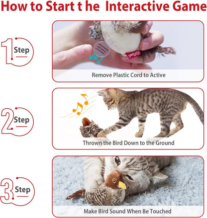Chirping Bird Cat Toy Set, Interactive Chasing Toy for Indoor Cat, Motion Activated Kitten Play Toys, Squeaky Cats Animal Feather Toy for All Breeds Cats Kicker